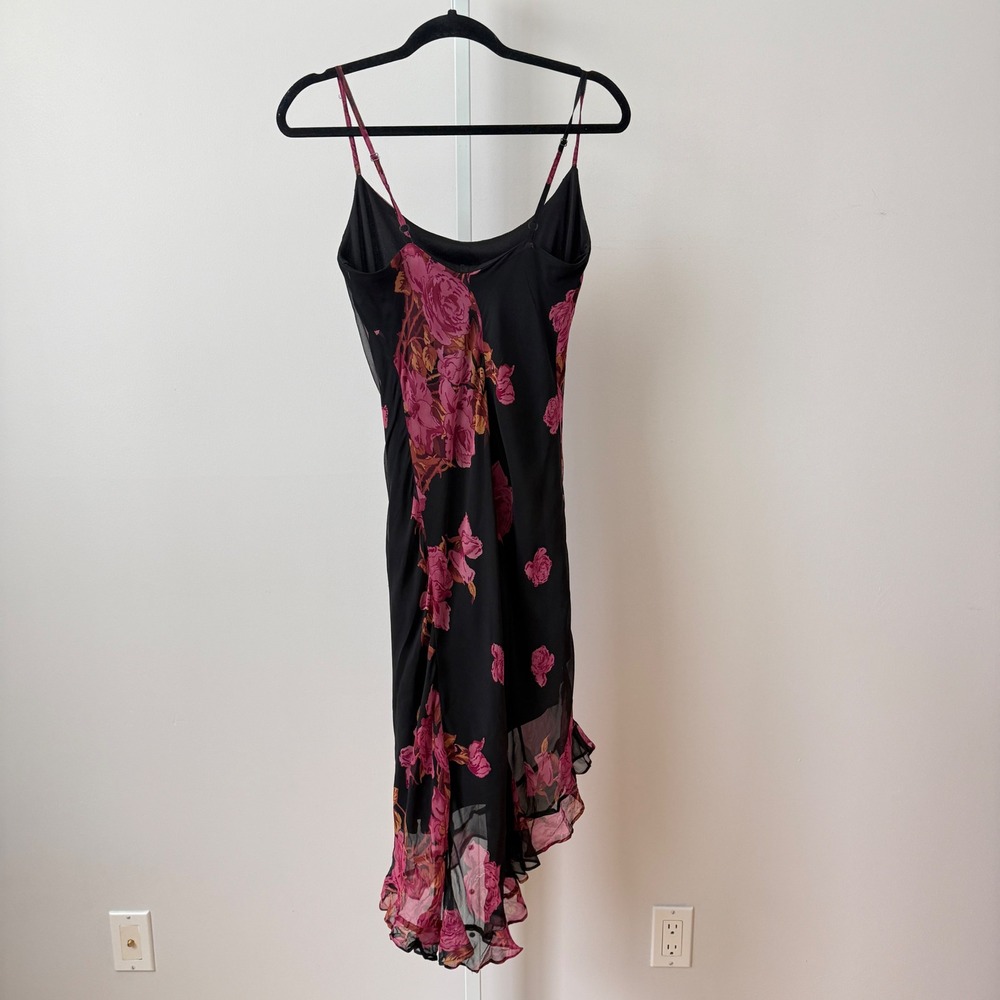 Betsey Johnson M Black Floral Silk Midi Dress Asymmetrical Ruffle Whimsigoth - Picture 7 of 7